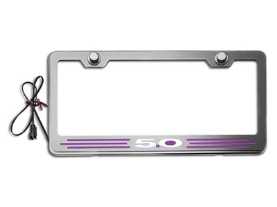 Illuminated License Plate Frame with 5.0 Logo; Purple Inlay (Universal; Some Adaptation May Be Required)