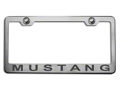 Polished/Brushed License Plate Frame with Black Carbon Fiber 2005 Style Mustang Lettering (Universal; Some Adaptation May Be Required)