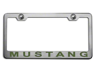 Polished/Brushed License Plate Frame with Bullet Green 2005 Style Mustang Lettering (Universal; Some Adaptation May Be Required)