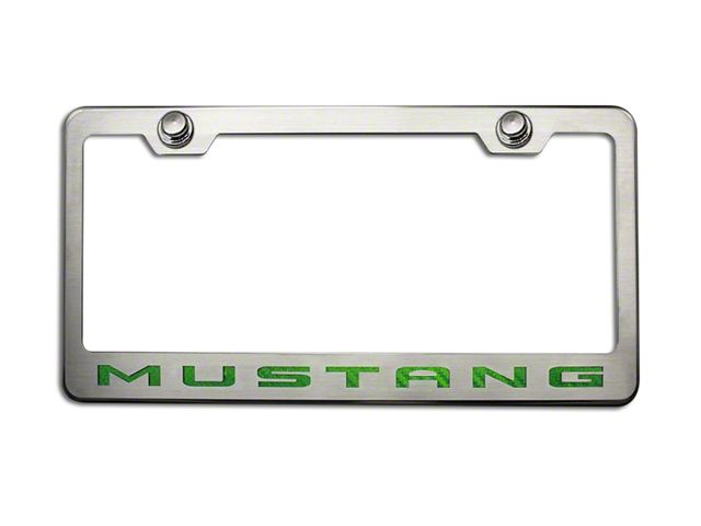 Polished/Brushed License Plate Frame with Bullet Green 2010 Style Mustang Lettering (Universal; Some Adaptation May Be Required)