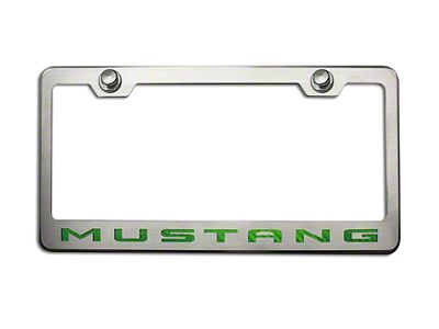 Polished/Brushed License Plate Frame with Bullet Green 2010 Style Mustang Lettering (Universal; Some Adaptation May Be Required)