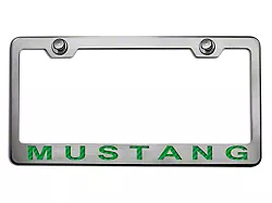 Polished/Brushed License Plate Frame with Green Carbon Fiber 2005 Style Mustang Lettering (Universal; Some Adaptation May Be Required)