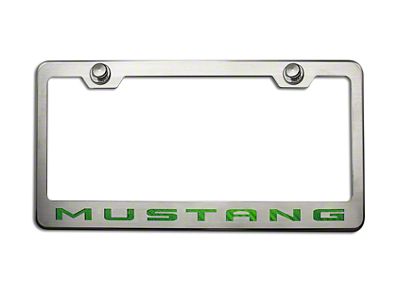 Polished/Brushed License Plate Frame with Green Carbon Fiber 2010 Style Mustang Lettering (Universal; Some Adaptation May Be Required)