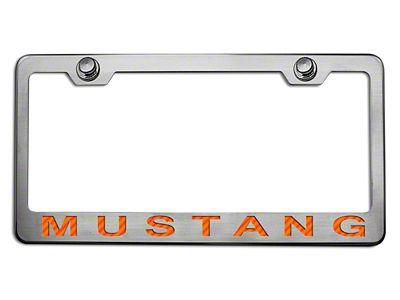 Polished/Brushed License Plate Frame with Orange Carbon Fiber 2005 Style Mustang Lettering (Universal; Some Adaptation May Be Required)