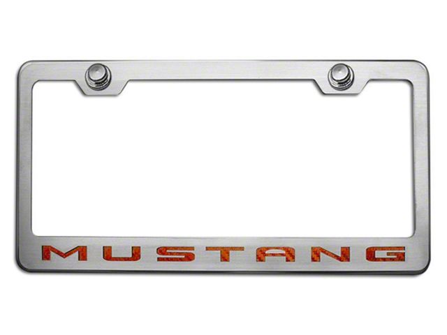 Polished/Brushed License Plate Frame with Orange Carbon Fiber 2010 Style Mustang Lettering (Universal; Some Adaptation May Be Required)