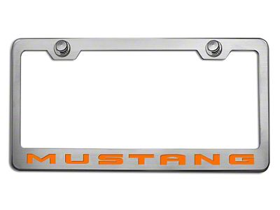 Polished/Brushed License Plate Frame with Orange Fury 2010 Style Mustang Lettering (Universal; Some Adaptation May Be Required)