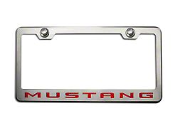 Polished/Brushed License Plate Frame with Red Carbon Fiber 2010 Style Mustang Lettering (Universal; Some Adaptation May Be Required)