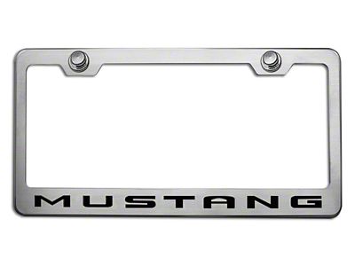Polished/Brushed License Plate Frame with Black Solid 2010 Style Mustang Lettering (Universal; Some Adaptation May Be Required)