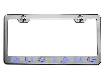 Polished/Brushed License Plate Frame with Ford Blue Solid 2005 Style Mustang Lettering (Universal; Some Adaptation May Be Required)