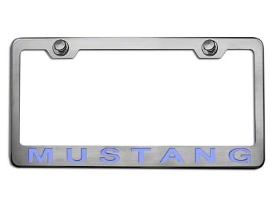 Polished/Brushed License Plate Frame with Solid Ford Blue 2005 Style Mustang Lettering (Universal; Some Adaptation May Be Required)