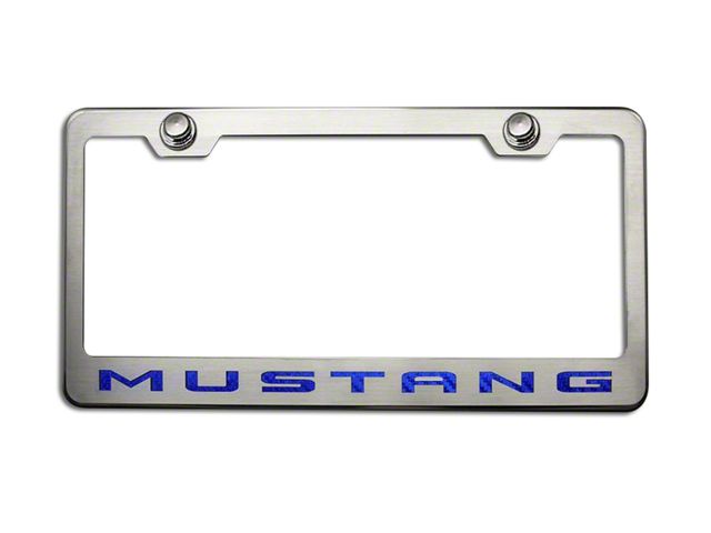 Polished/Brushed License Plate Frame with Ford Blue Solid 2010 Style Mustang Lettering (Universal; Some Adaptation May Be Required)
