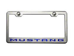 Polished/Brushed License Plate Frame with Ford Blue Solid 2010 Style Mustang Lettering (Universal; Some Adaptation May Be Required)