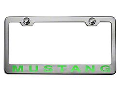 Polished/Brushed License Plate Frame with Green Solid 2005 Style Mustang Lettering (Universal; Some Adaptation May Be Required)
