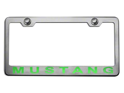 Polished/Brushed License Plate Frame with Solid Green 2005 Style Mustang Lettering (Universal; Some Adaptation May Be Required)