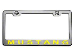 Polished/Brushed License Plate Frame with Yellow Solid 2005 Style Mustang Lettering (Universal; Some Adaptation May Be Required)