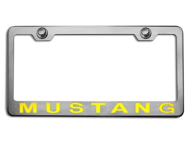 Polished/Brushed License Plate Frame with Yellow Solid 2005 Style Mustang Lettering (Universal; Some Adaptation May Be Required)