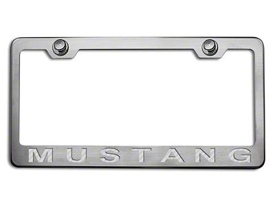 Polished/Brushed License Plate Frame with White Carbon Fiber 2005 Style Mustang Lettering (Universal; Some Adaptation May Be Required)