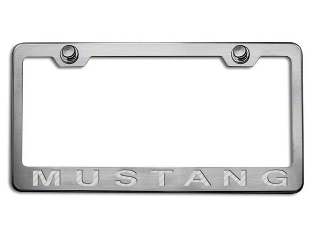 Polished/Brushed License Plate Frame with White Carbon Fiber 2005 Style Mustang Lettering (Universal; Some Adaptation May Be Required)