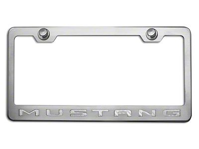 Polished/Brushed License Plate Frame with White Carbon Fiber 2010 Style Mustang Lettering (Universal; Some Adaptation May Be Required)