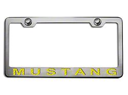Polished/Brushed License Plate Frame with Yellow Carbon Fiber 2005 Style Mustang Lettering (Universal; Some Adaptation May Be Required)