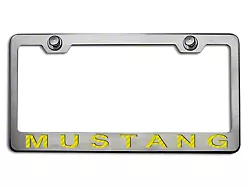 Polished/Brushed License Plate Frame with Yellow Carbon Fiber 2005 Style Mustang Lettering (Universal; Some Adaptation May Be Required)