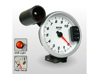 Marshall Instruments COMP II White Dial 5-Inch Memory Tachometer with External Shift Light; 0-10000 RPM (Universal; Some Adaptation May Be Required)