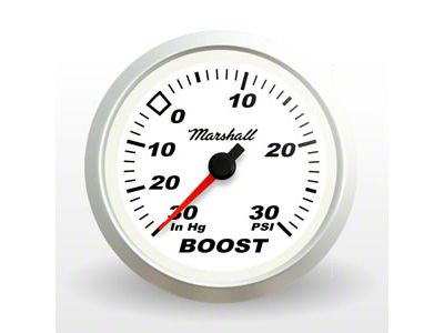 Marshall Instruments SCX White Dial 2-1/16-Inch Vacuum/Boost Gauge; 0-30 PSI; Silver Aluminum Bezel (Universal; Some Adaptation May Be Required)