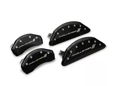 MGP Brake Caliper Covers with Challenger Stripes Logo; Black; Front and Rear (11-23 Challenger R/T; 2014 Challenger Rallye Redline; 17-23 Challenger GT, T/A; 12-23 Challenger SXT w/ Dual Piston Front Calipers)