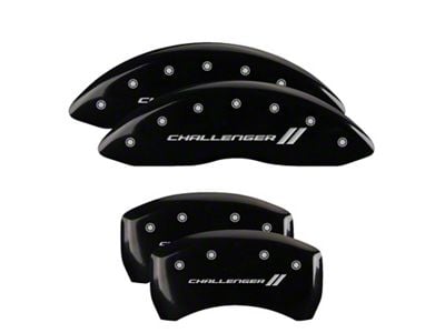 MGP Brake Caliper Covers with Challenger Stripes Logo; Black; Front and Rear (2011 SE; 11-14 Challenger R/T w/ Single Piston Front Calipers; 12-23 Challenger SXT w/ Single Piston Front Calipers)