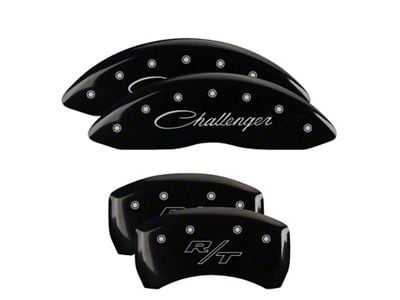 MGP Brake Caliper Covers with Cursive Challenger and R/T Logos; Black; Front and Rear (11-23 Challenger R/T; 2014 Challenger Rallye Redline; 17-23 Challenger GT, T/A; 12-23 Challenger SXT w/ Dual Piston Front Calipers)