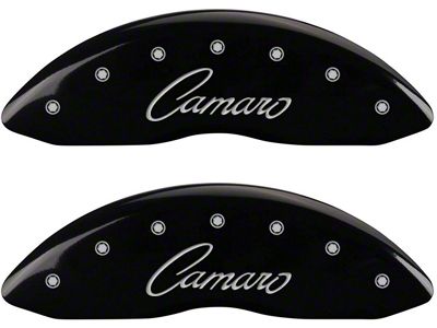 MGP Brake Caliper Covers with Cursive Camaro Logo; Black; Front and Rear (10-15 Camaro LS, LT)