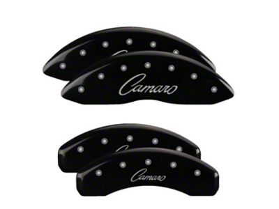 MGP Brake Caliper Covers with Cursive Camaro Logo; Black; Front and Rear (16-24 Camaro LS & LT w/ Single Piston Front Calipers)