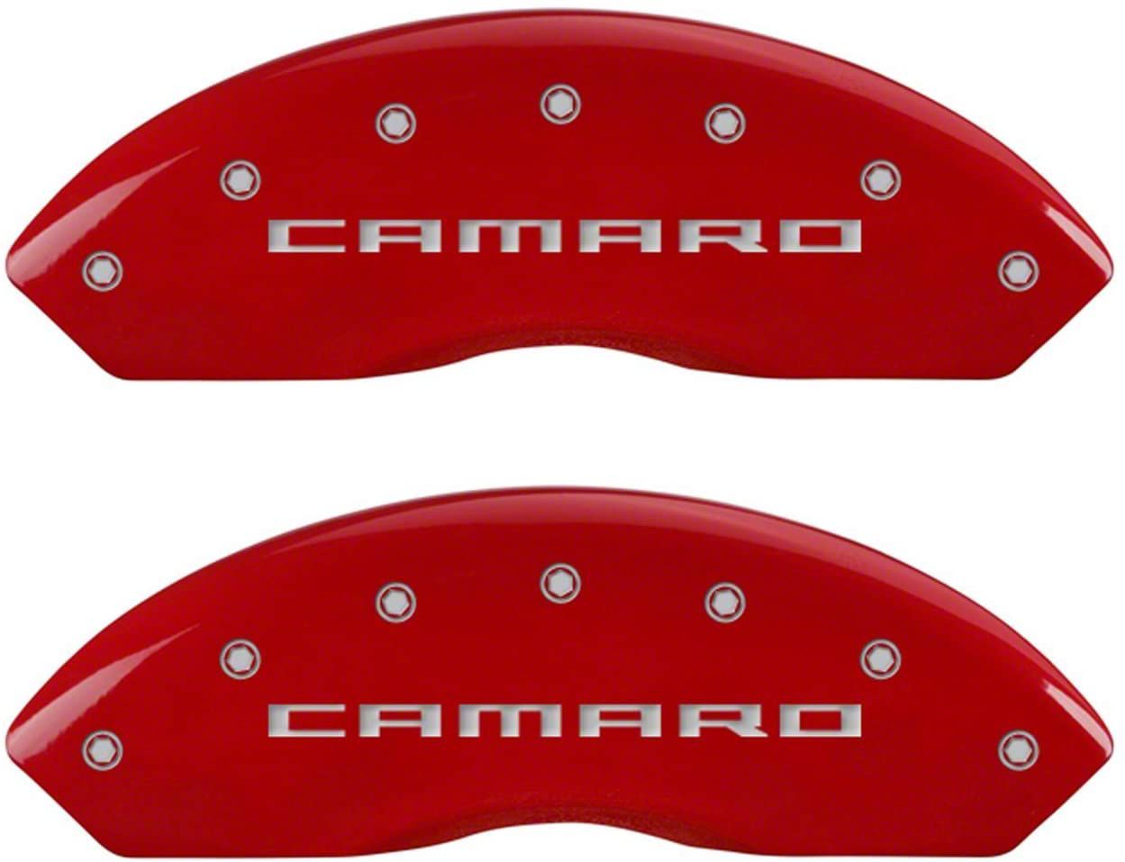 MGP Brake Caliper Covers with Camaro and RS Logo; Red; Front and Rear (16-24 Camaro LS &amp; LT w/ Single Piston Front Calipers)