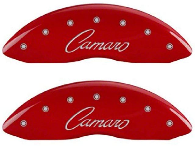 MGP Brake Caliper Covers with Cursive Camaro Logo; Red; Front and Rear (10-15 Camaro LS, LT)