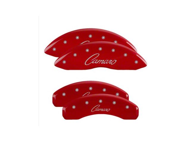 MGP Brake Caliper Covers with Cursive Camaro Logo; Red; Front and Rear (16-24 Camaro LS & LT w/ Single Piston Front Calipers)