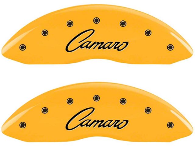 MGP Brake Caliper Covers with Cursive Camaro Logo; Yellow; Front and Rear (10-15 Camaro LS, LT)