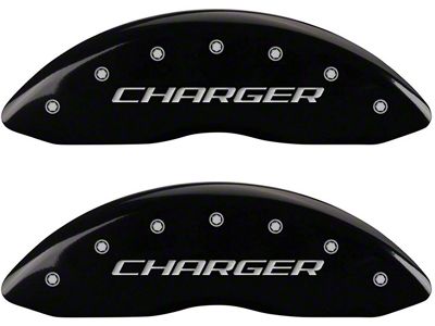 MGP Brake Caliper Covers with Charger and R/T Logo; Black; Front and Rear (11-23 Challenger R/T; 2014 Challenger Rallye Redline; 17-23 Challenger GT, T/A; 12-23 Challenger SXT w/ Dual Piston Front Calipers)