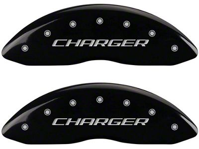 MGP Brake Caliper Covers with Charger Logo; Black; Front and Rear (09-10 Challenger SE)