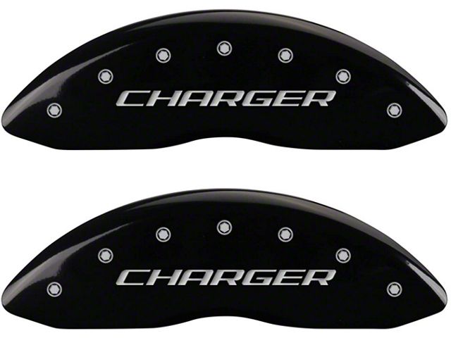 MGP Brake Caliper Covers with Charger Logo; Black; Front and Rear (2011 SE; 11-14 Challenger R/T w/ Single Piston Front Calipers; 12-23 Challenger SXT w/ Single Piston Front Calipers)