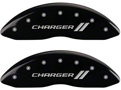 MGP Brake Caliper Covers with Charger Stripes Logo; Black; Front and Rear (08-14 Challenger SRT8; 2015 Challenger SRT 392; 15-23 Challenger Scat Pack w/ 4-Piston Front Calipers)