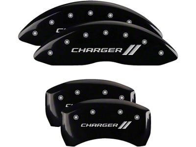 MGP Brake Caliper Covers with Charger Stripes Logo; Black; Front and Rear (11-23 Challenger R/T; 2014 Challenger Rallye Redline; 17-23 Challenger GT, T/A; 12-23 Challenger SXT w/ Dual Piston Front Calipers)