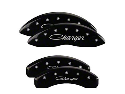 MGP Brake Caliper Covers with Cursive Charger Logo; Black; Front and Rear (08-14 Challenger SRT8; 2015 Challenger SRT 392; 15-23 Challenger Scat Pack w/ 4-Piston Front Calipers)