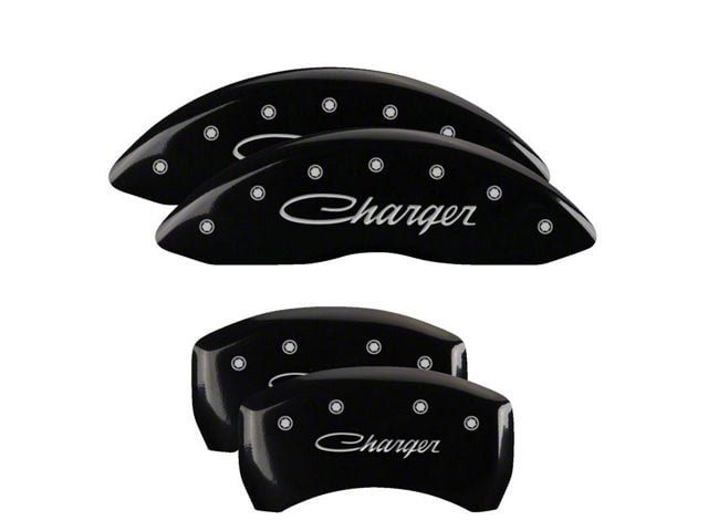 MGP Brake Caliper Covers with Cursive Charger Logo; Black; Front and Rear (11-23 Challenger R/T; 2014 Challenger Rallye Redline; 17-23 Challenger GT, T/A; 12-23 Challenger SXT w/ Dual Piston Front Calipers)