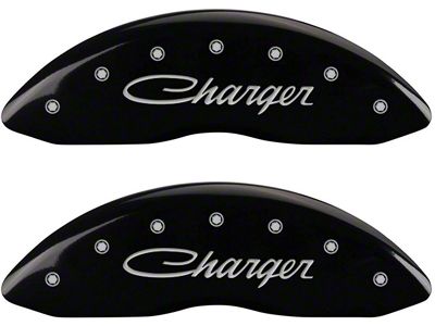 MGP Brake Caliper Covers with Cursive Charger Logo; Black; Front and Rear (2011 SE; 11-14 Challenger R/T w/ Single Piston Front Calipers; 12-23 Challenger SXT w/ Single Piston Front Calipers)