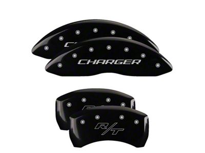 MGP Brake Caliper Covers with Charger and R/T Logo; Black; Front and Rear (2011 SE; 11-14 Challenger R/T w/ Single Piston Front Calipers; 12-23 Challenger SXT w/ Single Piston Front Calipers)