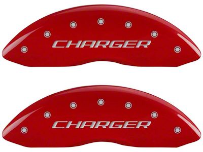 MGP Brake Caliper Covers with Charger and R/T Logo; Red; Front and Rear (09-10 Challenger SE)