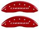 MGP Brake Caliper Covers with Charger and R/T Logo; Red; Front and Rear (11-23 Challenger R/T; 2014 Challenger Rallye Redline; 17-23 Challenger GT, T/A; 12-23 Challenger SXT w/ Dual Piston Front Calipers)
