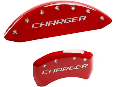 MGP Brake Caliper Covers with Charger Logo; Red; Front and Rear (09-10 Challenger R/T)
