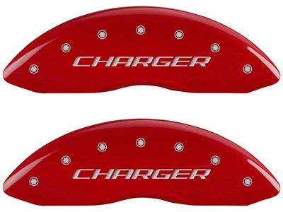 MGP Brake Caliper Covers with Charger Logo; Red; Front and Rear (09-10 Challenger SE)