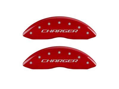 MGP Brake Caliper Covers with Charger Logo; Red; Front and Rear (2011 SE; 11-14 Challenger R/T w/ Single Piston Front Calipers; 12-23 Challenger SXT w/ Single Piston Front Calipers)